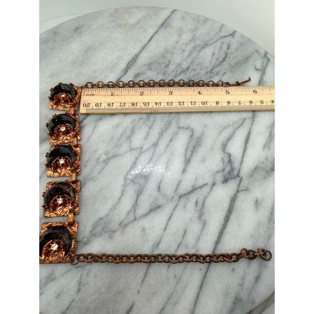 1950s Copper Tone Celestial Bib Necklace Black Confetti Lucite Moons, Whimsigoth - Picture 13 of 15